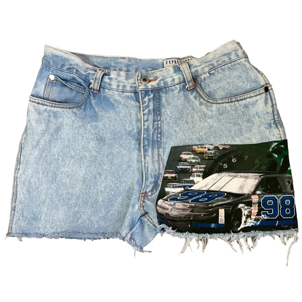 90s Custom Car Patch High Waist Denim Shorts Size 28" Bleach Light Blue Fray Hem